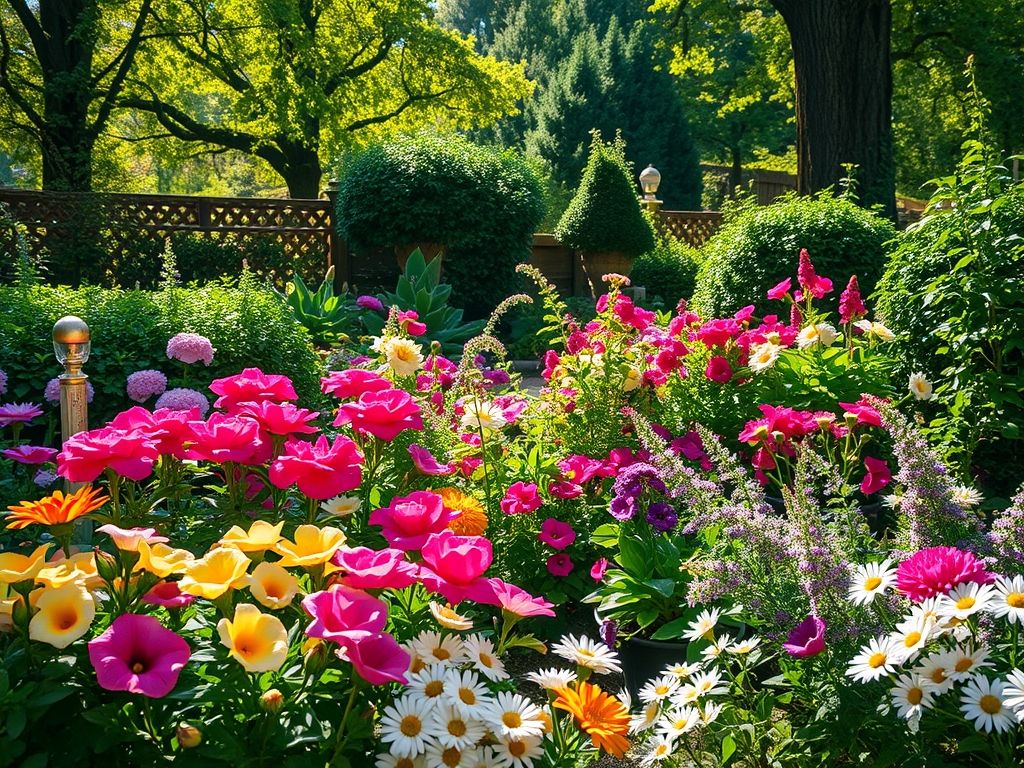 Um jardim vibrante com diversas flores coloridas, um caminho de pedras sinuoso e folhagens exuberantes, criando um ambiente tranquilo e convidativo.