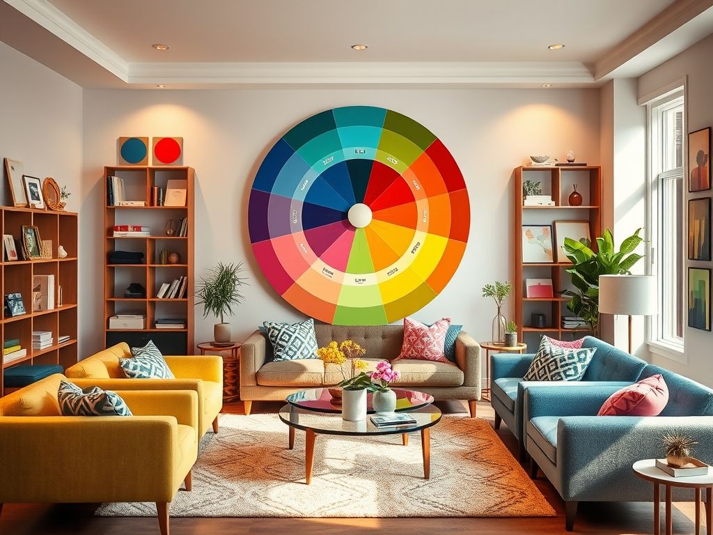 Uma sala de estar vibrante e convidativa com um círculo cromático como elemento decorativo central, mostrando a escolha de cores análogas e complementares.