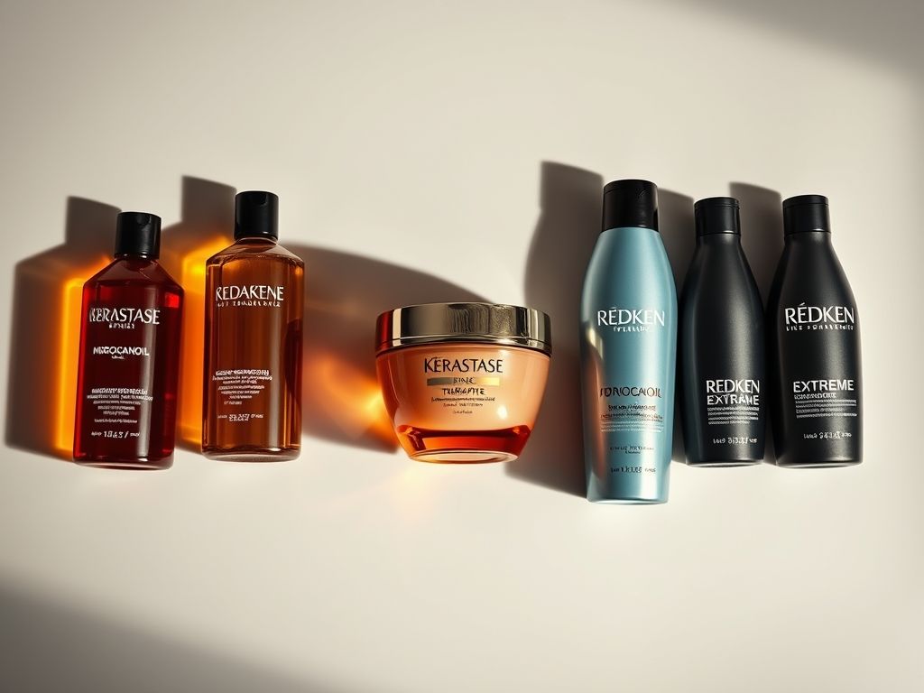 Foto dos cinco produtos capilares recomendados: máscara Kérastase Résistance Thérapiste, óleo Moroccanoil Treatment, shampoo e condicionador Redken Extreme, leave-in Uniq One All in One Hair Treatment e ampola L