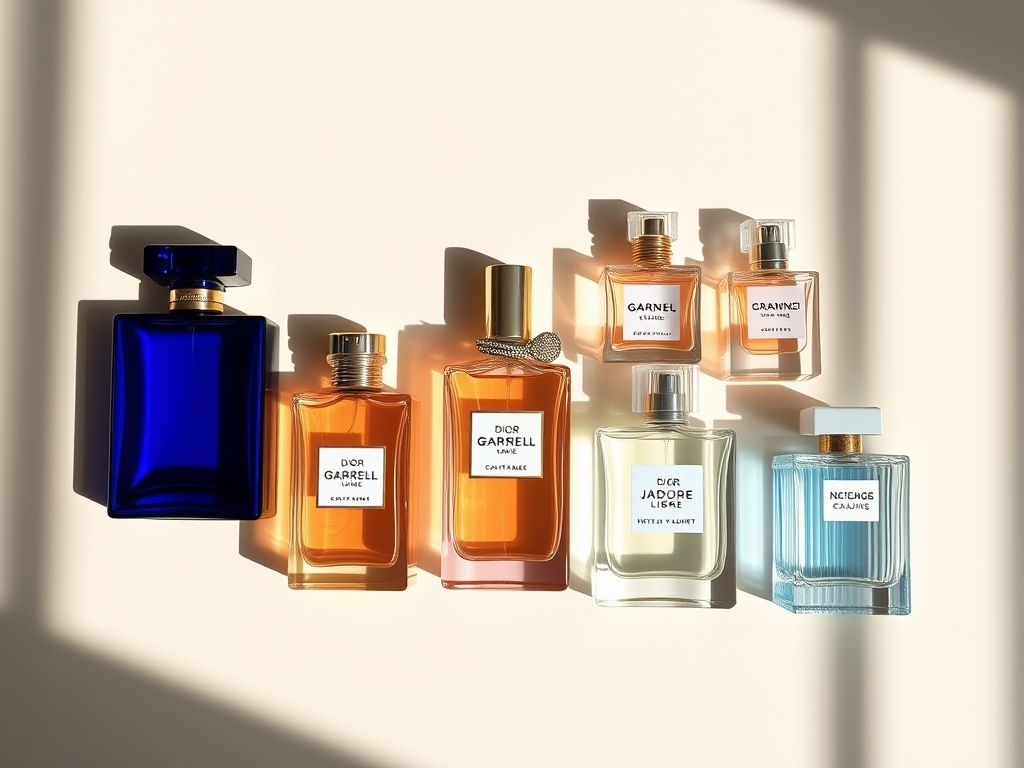 Uma composição visualmente atraente mostrando sete frascos de perfume com designs distintos, representando Chanel Gabrielle, Dior J