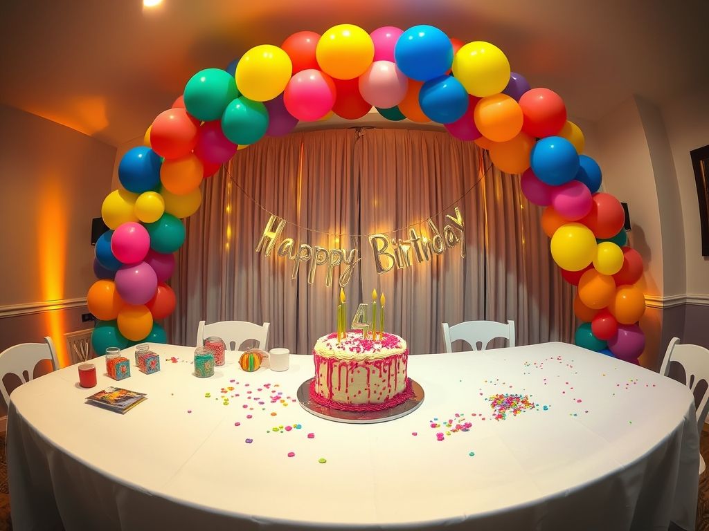 Mesa de aniversário em processo de montagem com um arco de balões DIY sendo criado como painel de fundo.