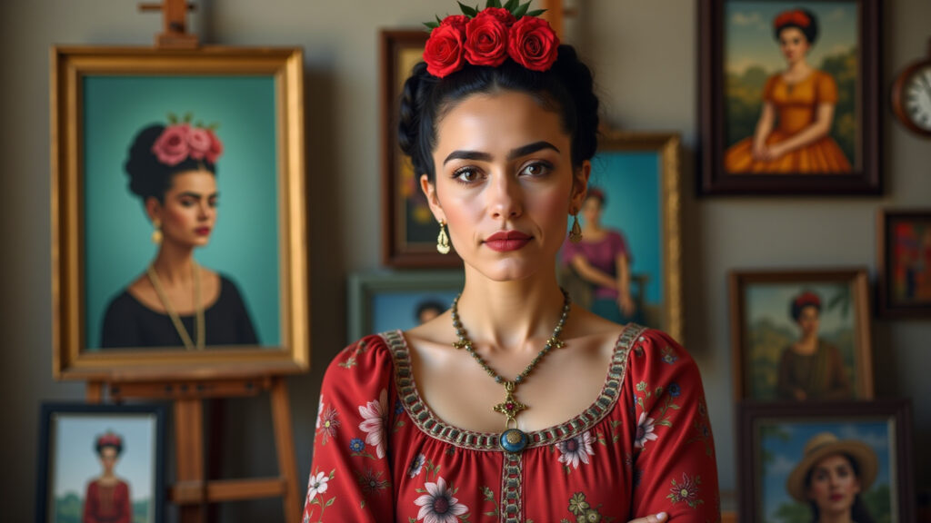 A woman artist, resembling Frida Kahlo, stands in her studio, surrounded by paintings. Professional Artista inspirada em Frida Kahlo.