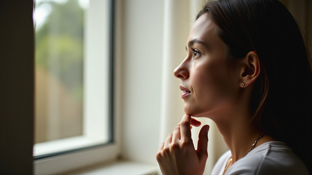 A woman thoughtfully gazes out a window, reflecting on motherhood and societal roles. Soft, natural Reflexão sobre maternidade e sociedade inspirada no filme 'Que Horas Ela Volta?'