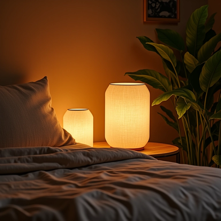 Abajures com cúpulas de tecido criando uma iluminação suave e aconchegante no quarto.