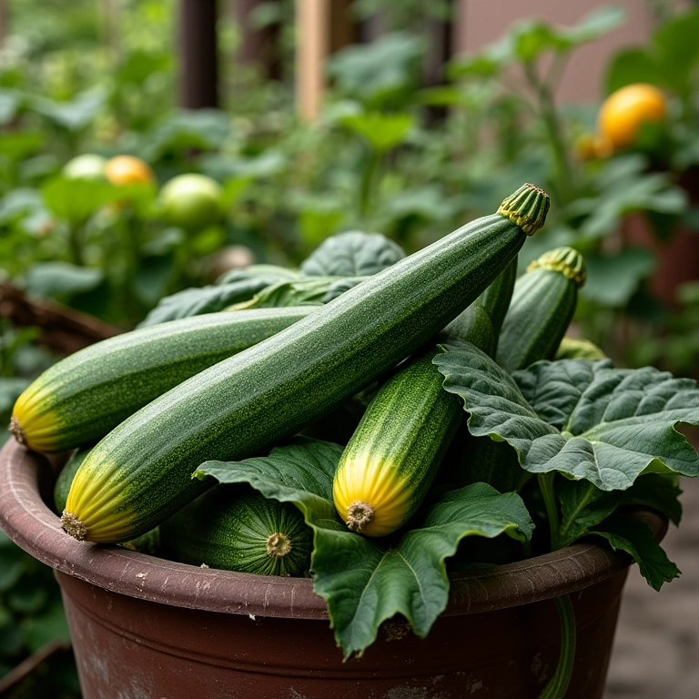 Abobrinhas sendo colhidas de vasos grandes em um pátio, colheita farta.