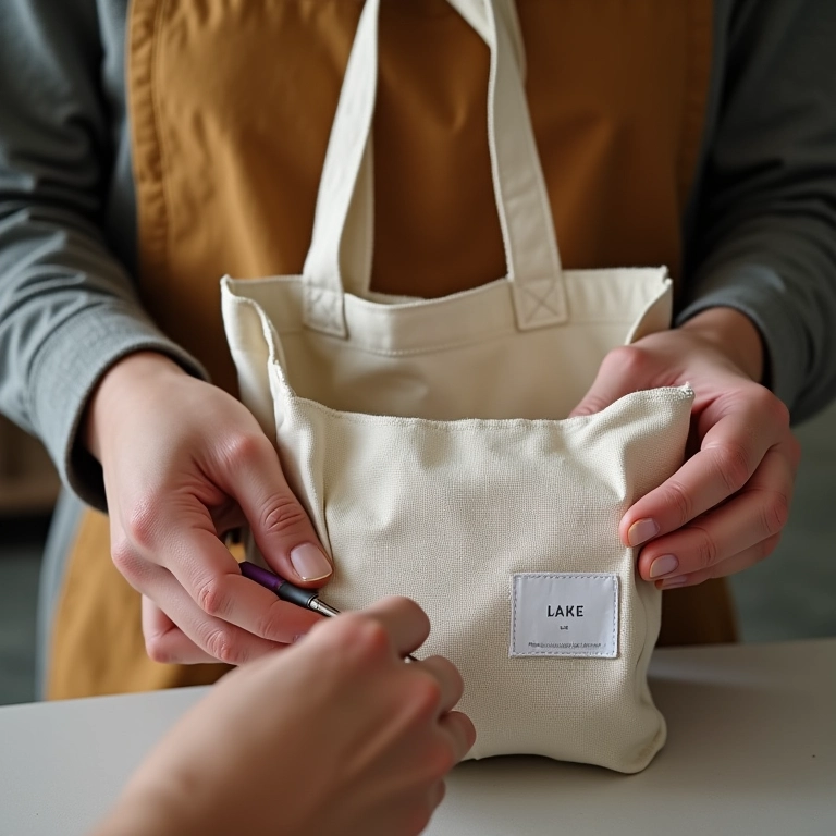 Acabamento final de bolsa sacola de tecido.