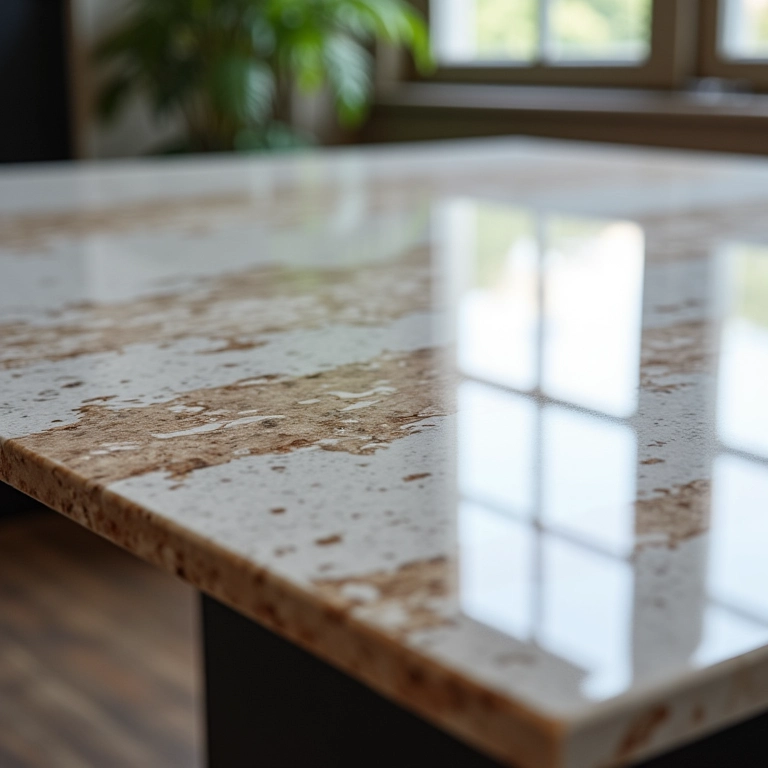 Acabamento liso e brilhante de uma mesa de resina epóxi.