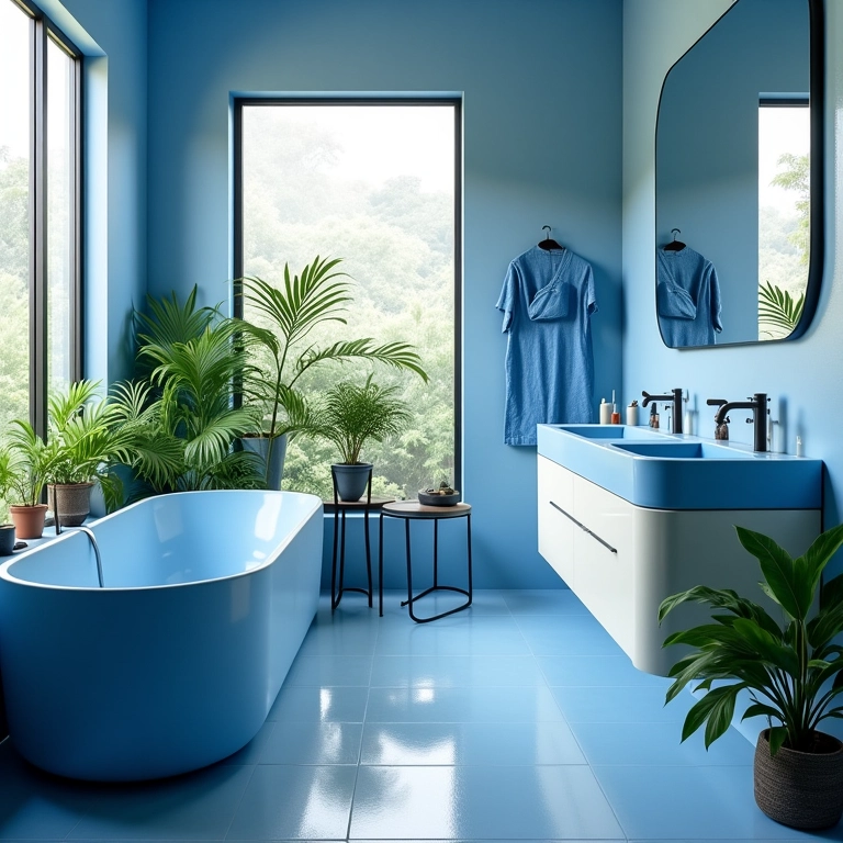 Acessórios azuis em banheiro com plantas e luz natural.