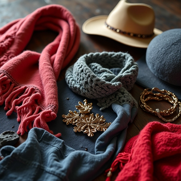 Acessórios casuais como lenços, chapéus e bijuterias organizados.