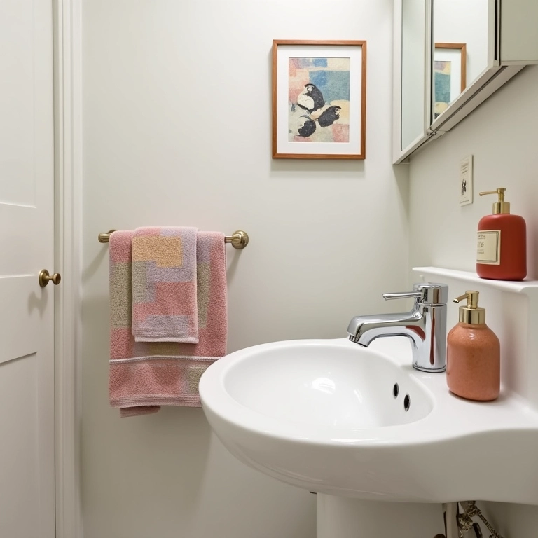 Acessórios charmosos e coloridos em lavabo pequeno.