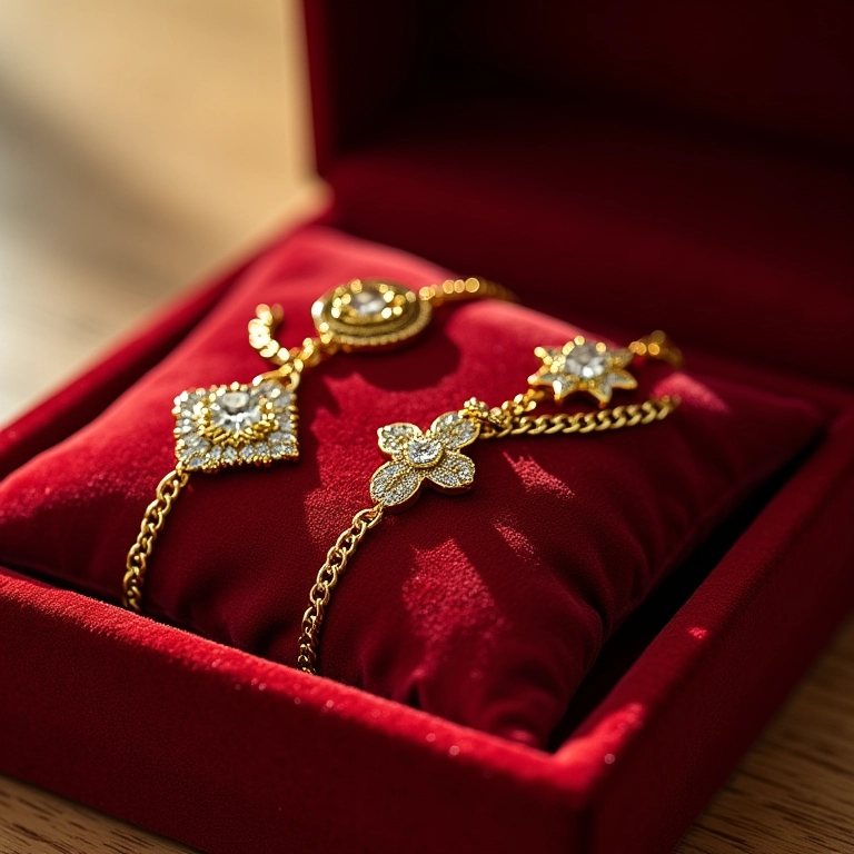 Acessórios dourados em almofada de veludo.