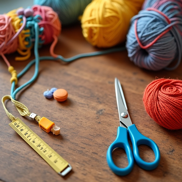 Acessórios essenciais para tricô organizados em uma mesa de madeira.