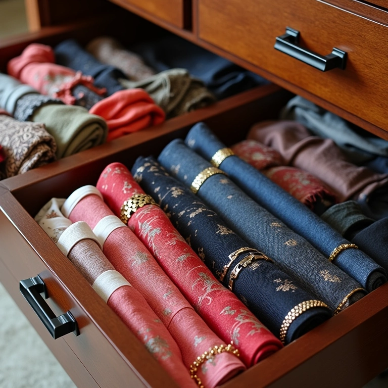 Acessórios organizados em gavetas e organizadores dentro do guarda-roupa.