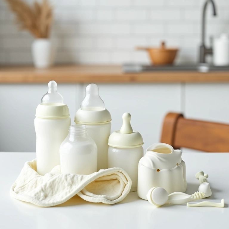 Acessórios para alimentação de bebê organizados em balcão de cozinha.