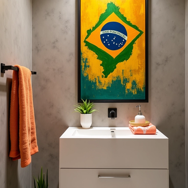 Acessórios vibrantes em lavabo moderno com toques brasileiros.