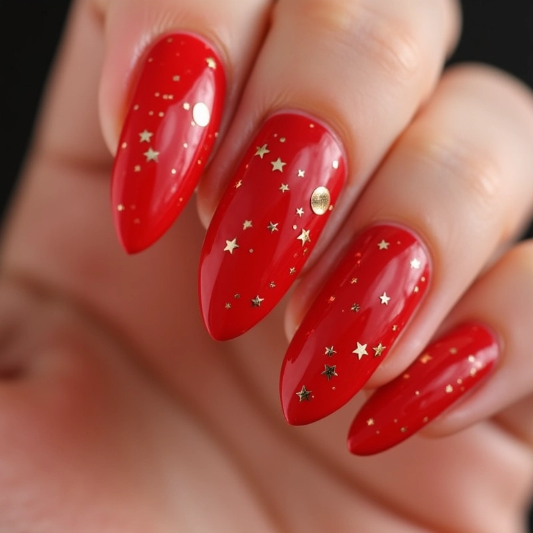 Adesivos dourados em unhas vermelhas