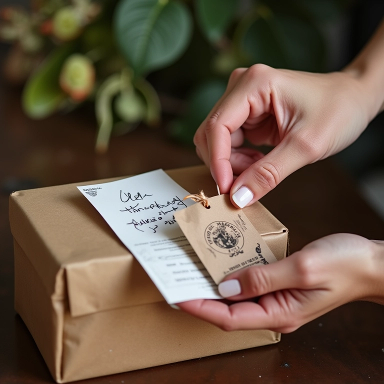 Adicionando bilhete de agradecimento e presente personalizado à embalagem de artesanato.