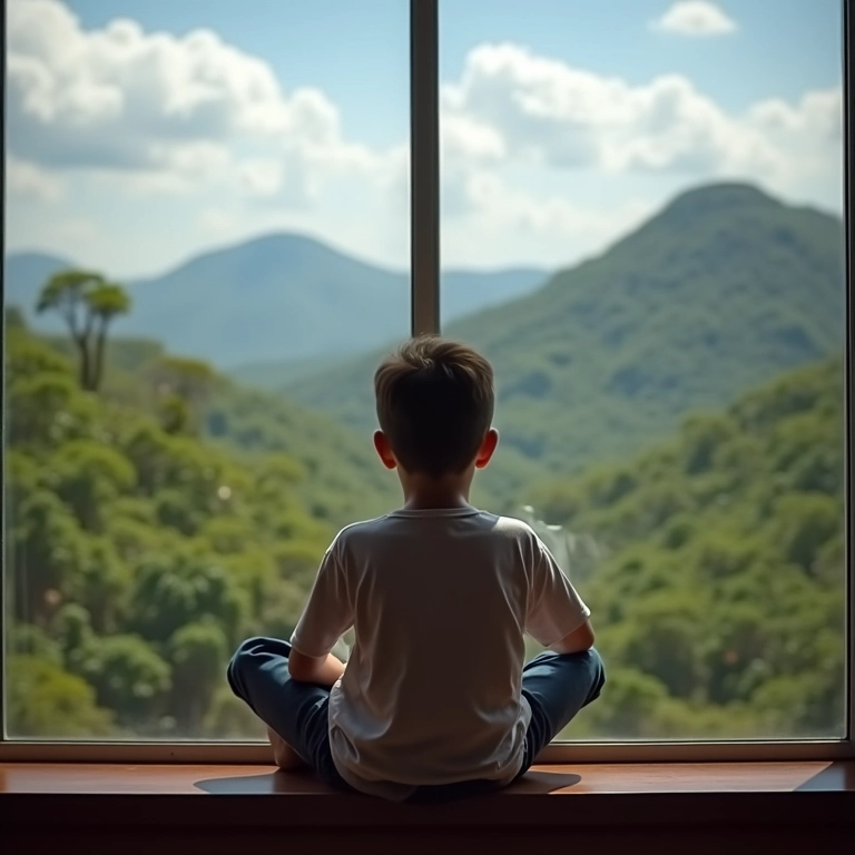 Adolescente pensativo olhando pela janela, refletindo sobre sua busca por autonomia.