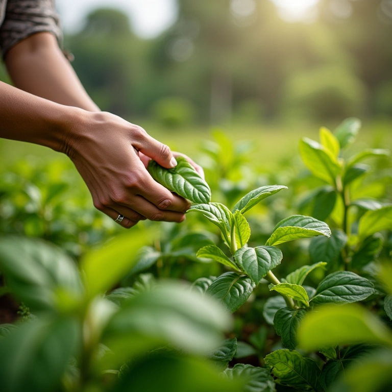 Adubando o manjericão limão no jardim.