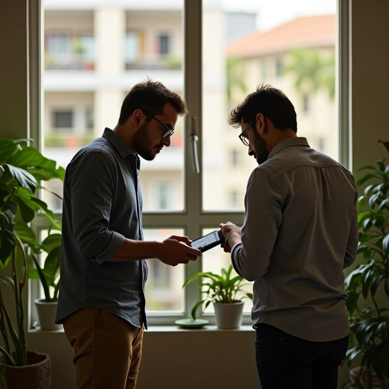 Adulto ajuda outro adulto a entender opções de investimento em apartamento brasileiro iluminado, simbolizando mentoria.