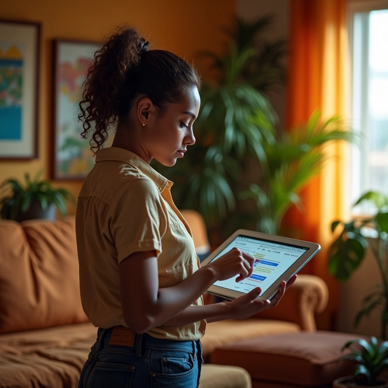 Adulto analisa opções de investimento em tablet em sala brasileira aconchegante, planejando o futuro.