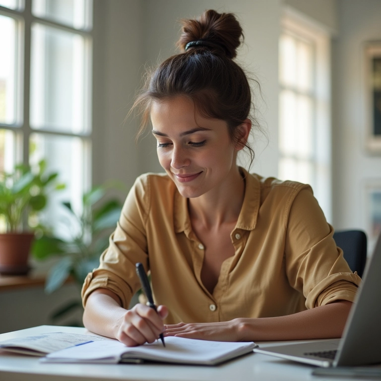 Adulto experiente gerencia finanças online em escritório brasileiro, representando autonomia financeira.
