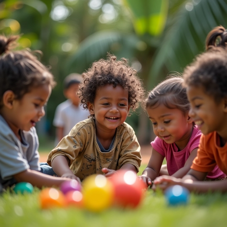 Adultos brasileiros brincando juntos em um quintal ensolarado, focando em coordenação motora.