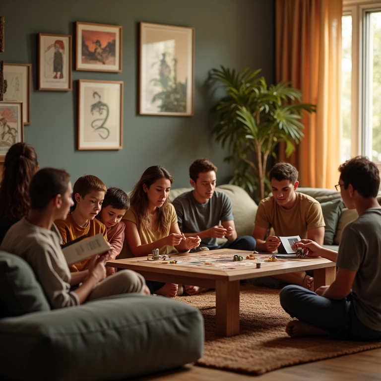 Adultos desfrutando de atividades sem telas em sala aconchegante.