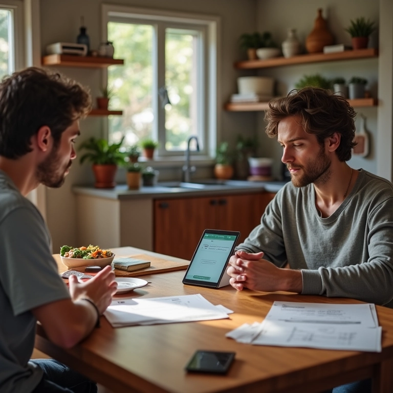 Adultos discutindo limites de tempo de tela em cozinha.