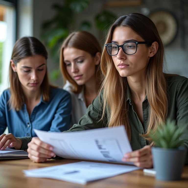 Adultos diversos analisam documentos financeiros em espaço de co-working brasileiro, mostrando responsabilidade.