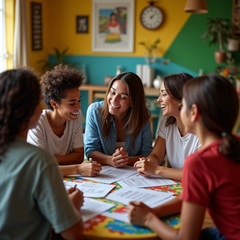 Adultos diversos discutem finanças em uma casa brasileira vibrante, representando educação financeira.