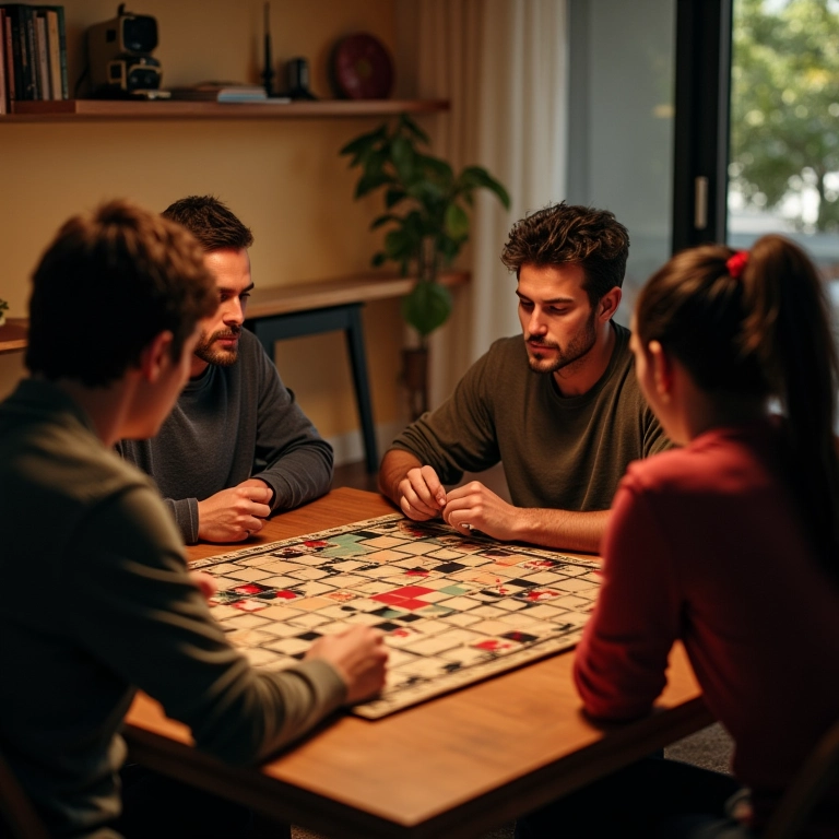 Adultos jogando jogo de tabuleiro em sala aconchegante.