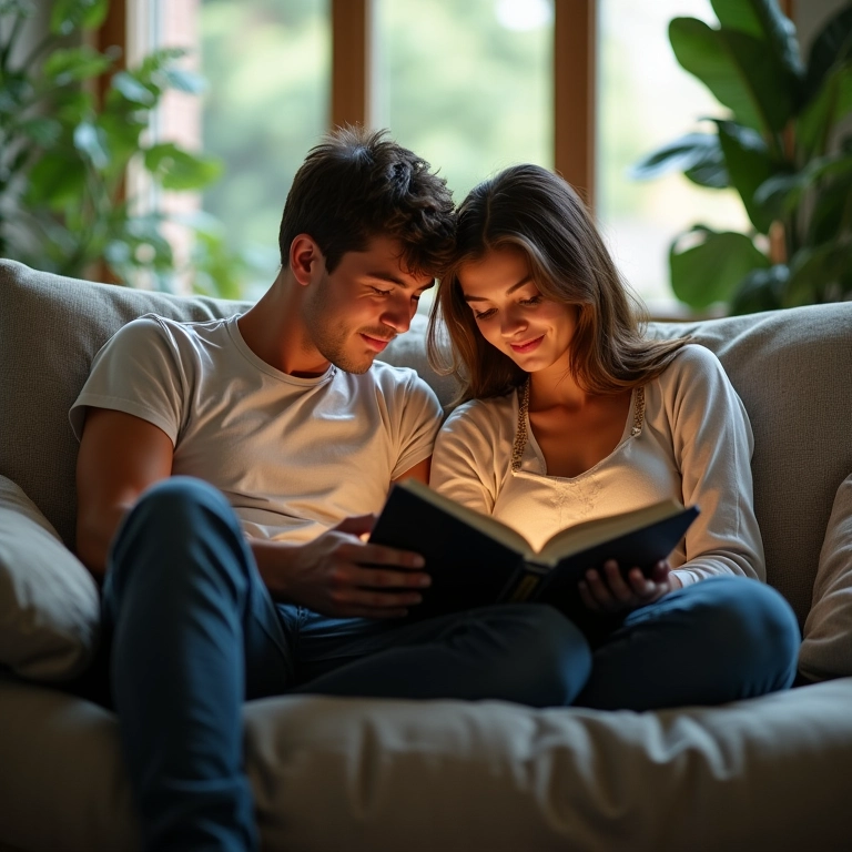 Adultos lendo livros juntos em sala aconchegante.