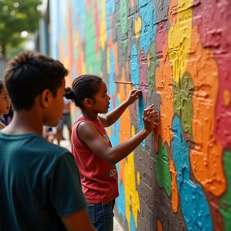 Adultos pintando um mural colorido, estimulando a imaginação.