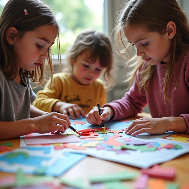 Adultos recortando e colando papel colorido, precisão, criatividade e coordenação.