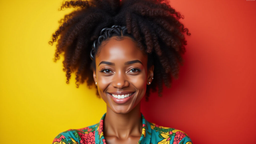 Afro-Brazilian woman, bantu knots hairstyle, colorful background, vibrant, 8K quality, sharp focus, Bantu Knots, estilo afro e frescor.