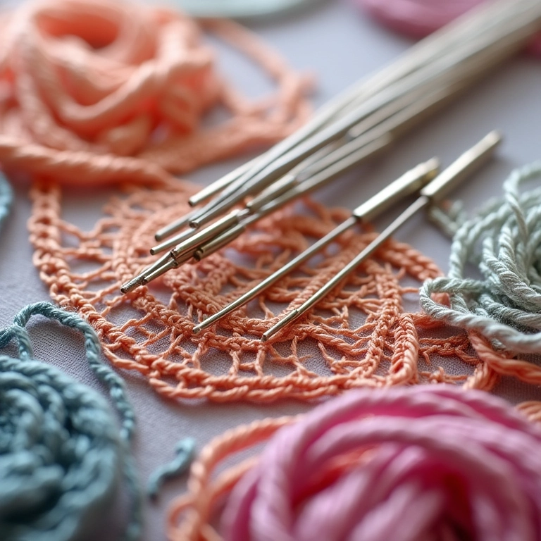 Agulhas de bordado, linhas coloridas e texturas de tecido sob luz suave.