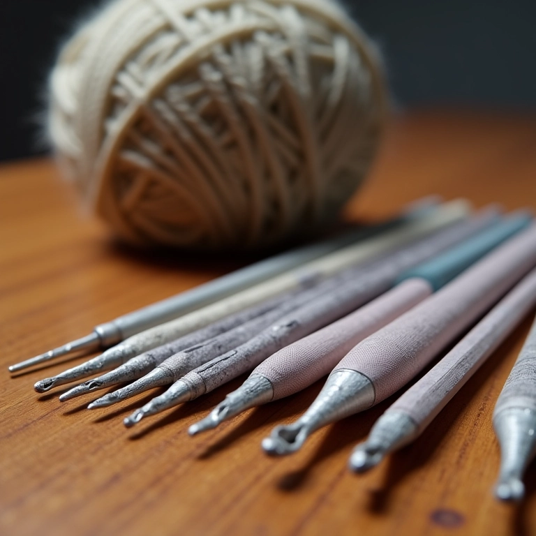 Agulhas de crochê de diferentes tamanhos dispostas em mesa de madeira.