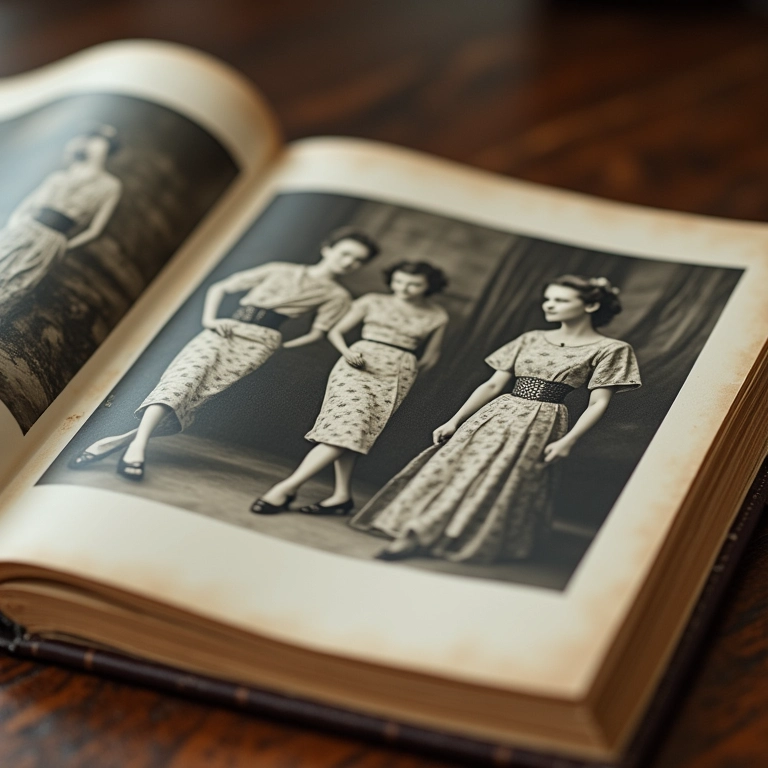 Álbum de fotos vintage mostrando o uso da estampa vichy ao longo do tempo.