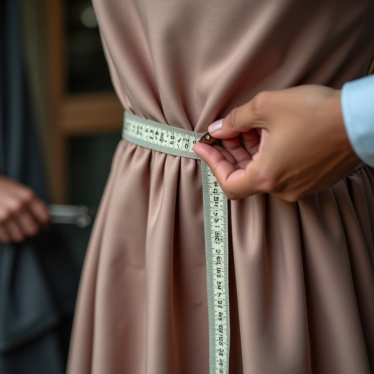 Alfaiate ajustando um vestido sob medida com tecido luxuoso.