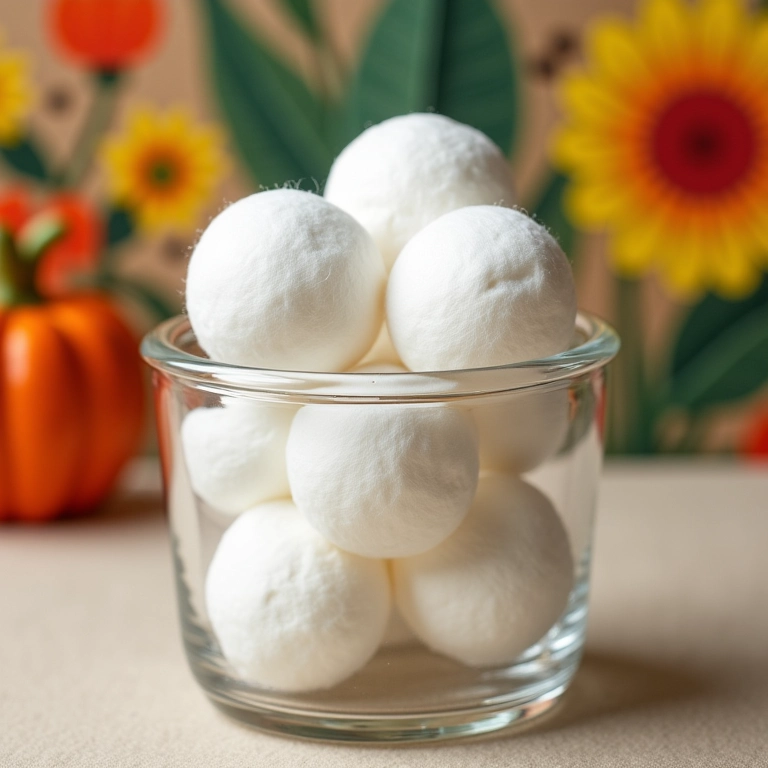 Algodão em bolas e discos em um pote de vidro decorativo.