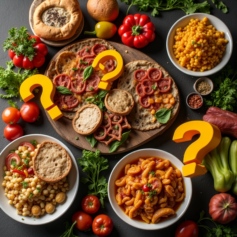 Alimentos diversos com pontos de interrogação, representando mitos alimentares.