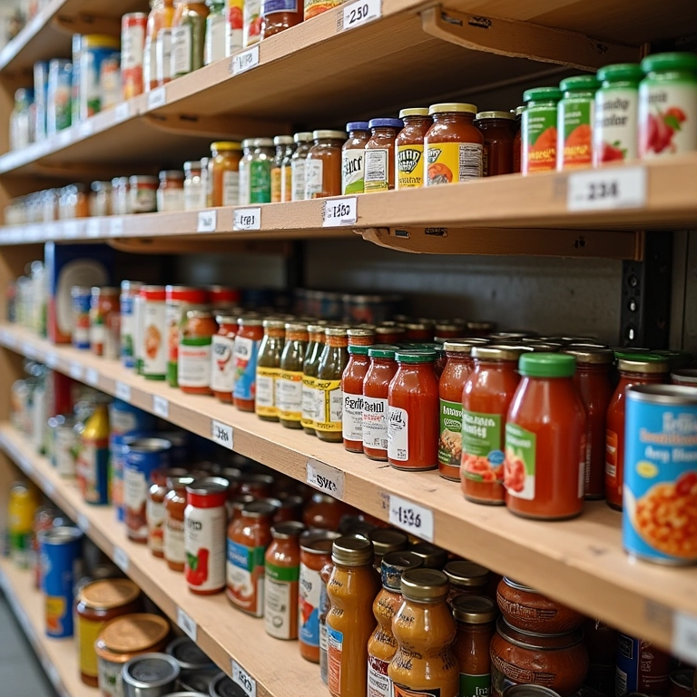 Alimentos priorizados em prateleira de despensa, organizados por tipo e data de validade.