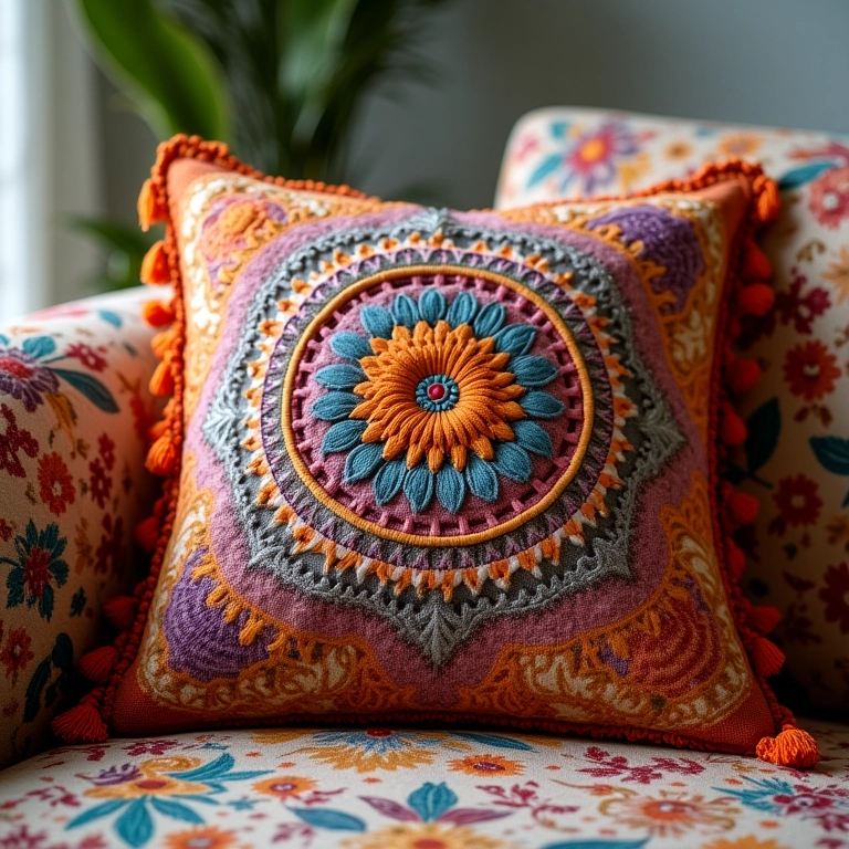 Almofada decorativa com detalhes em macramê em um sofá colorido.