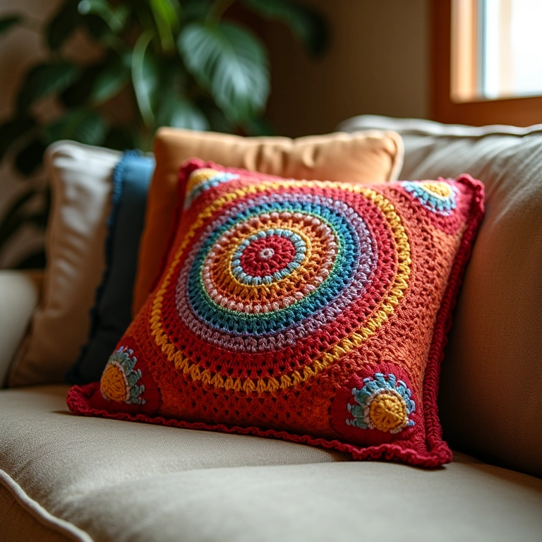 Almofada decorativa de crochê colorida em sofá de sala de estar.
