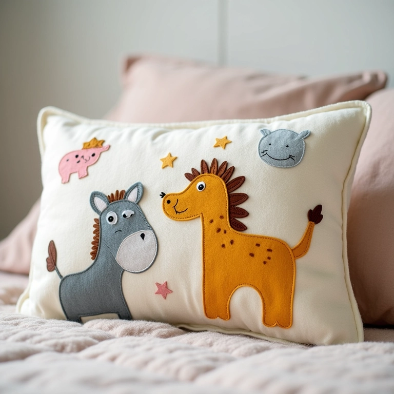 Almofada temática de feltro com aplicações de animais para quarto de bebê.