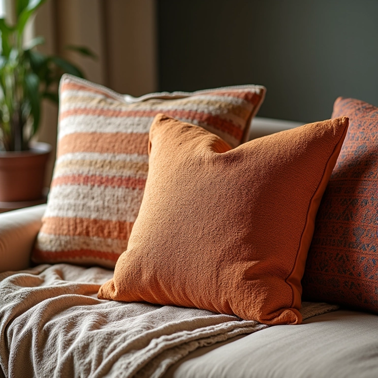 Almofadas aconchegantes em um sofá com padrões de tecidos artesanais brasileiros.