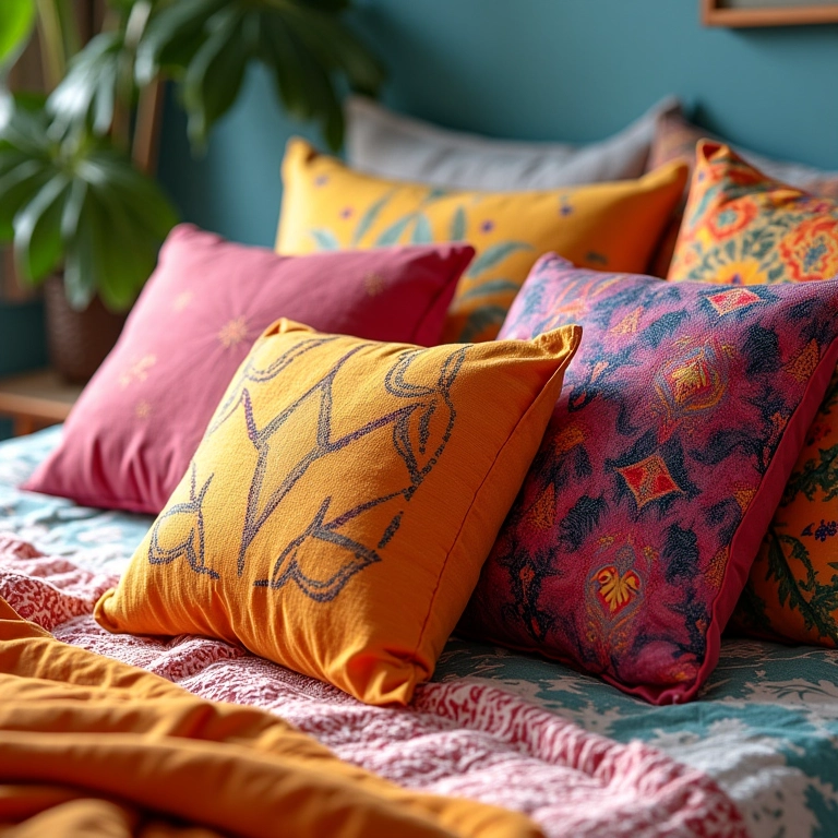 Almofadas coloridas e estampadas em uma cama, criando um visual alegre.