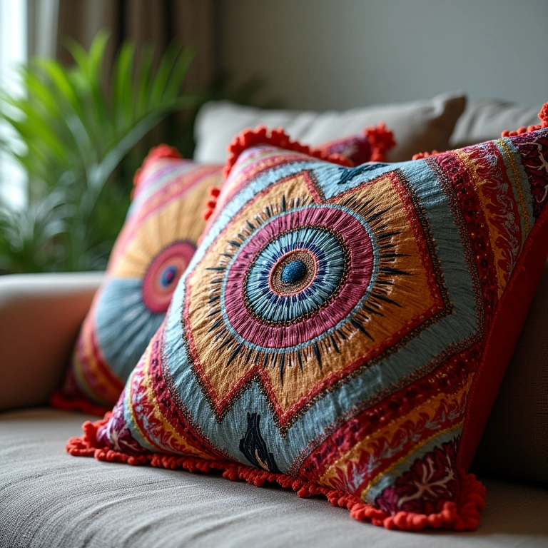 Almofadas customizadas com pinturas e bordados feitos à mão.