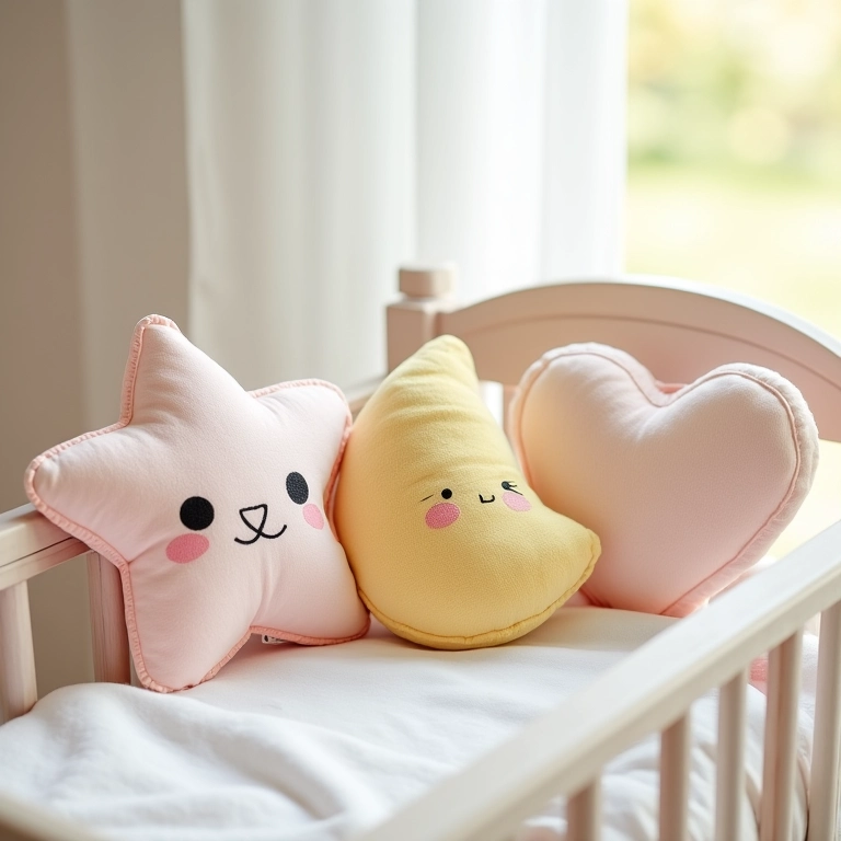 Almofadas de amigurumi em forma de estrela, lua e coração.